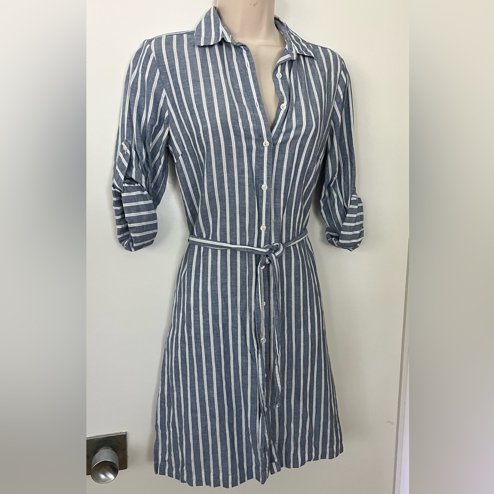 Brooks Brothers Striped Blue & White Linen / Cotton Shirtdress Shirt Dress Beach